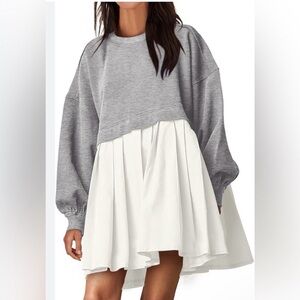Grey Sweatshirt Top with White Pleated Skirt Dress
